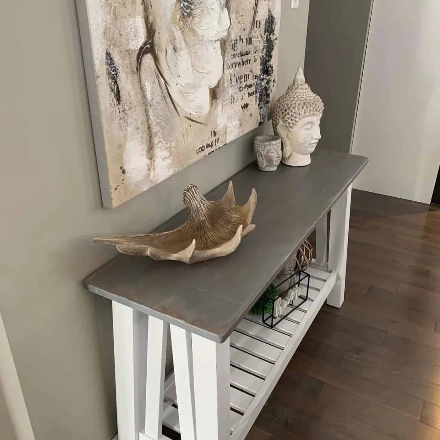 Grey and White Glaze Stain Colorantic Chalk Based Paint on Wood Entrance Table