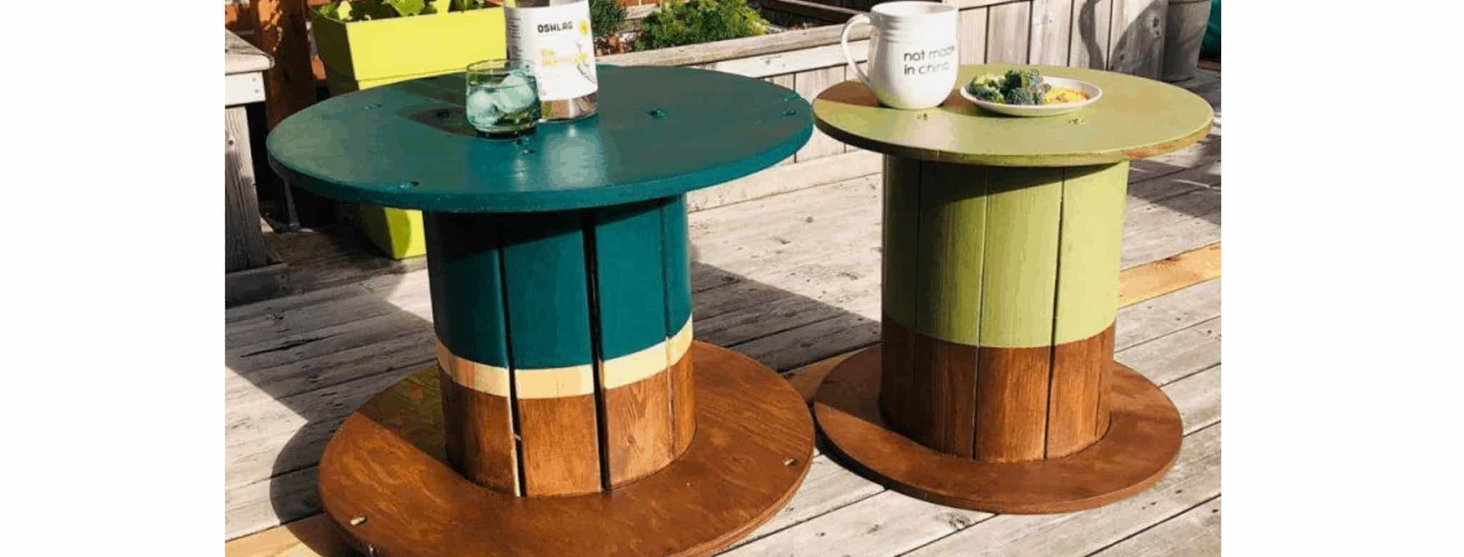 Weathered wooden spool used as side table.  Large wooden spools, Spool  furniture, Wooden spool tables