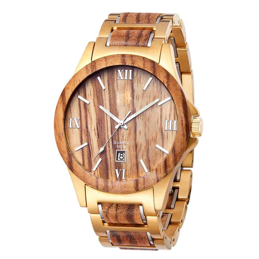 Wood Watch Zebra Wood and Gold for Men – W31-b | Montre en bois Zèbre et Or pour homme W31-b