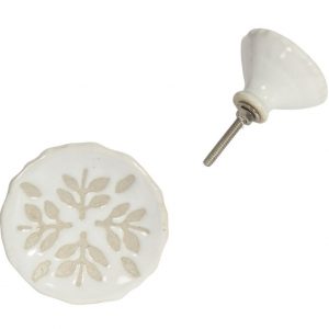 Ceramic White Knob with Leaf Pattern Knob038 (Pack of 2)