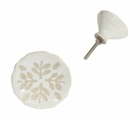 Ceramic White Knob with Leaf Pattern – Knob038 (Pack of 2) | Céramique blanche avec motifs de feuilles knob038 (Paquet de 2)