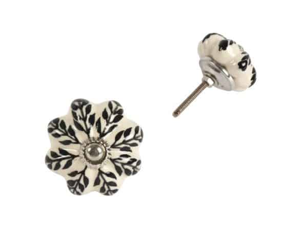 Ceramic Black & White Knob Flower Pattern Knob041 (Pack of 2)