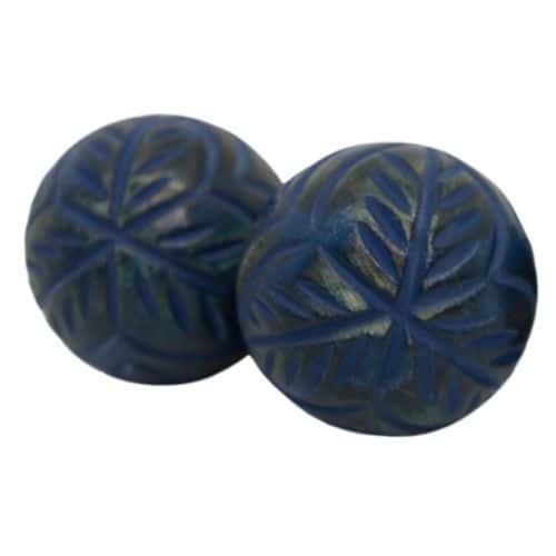 Wooden Round Knob Blue Leaves Pattern - Poignée en bois bleue motifs de feuilles